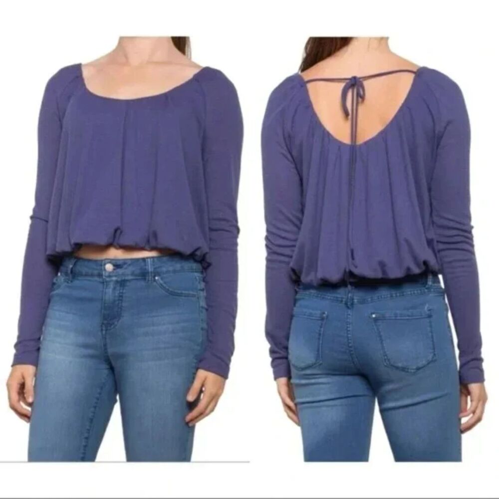 Free People Bubble Hem Thermal Long Sleeve Crop Top Women's Medium Blue NWT